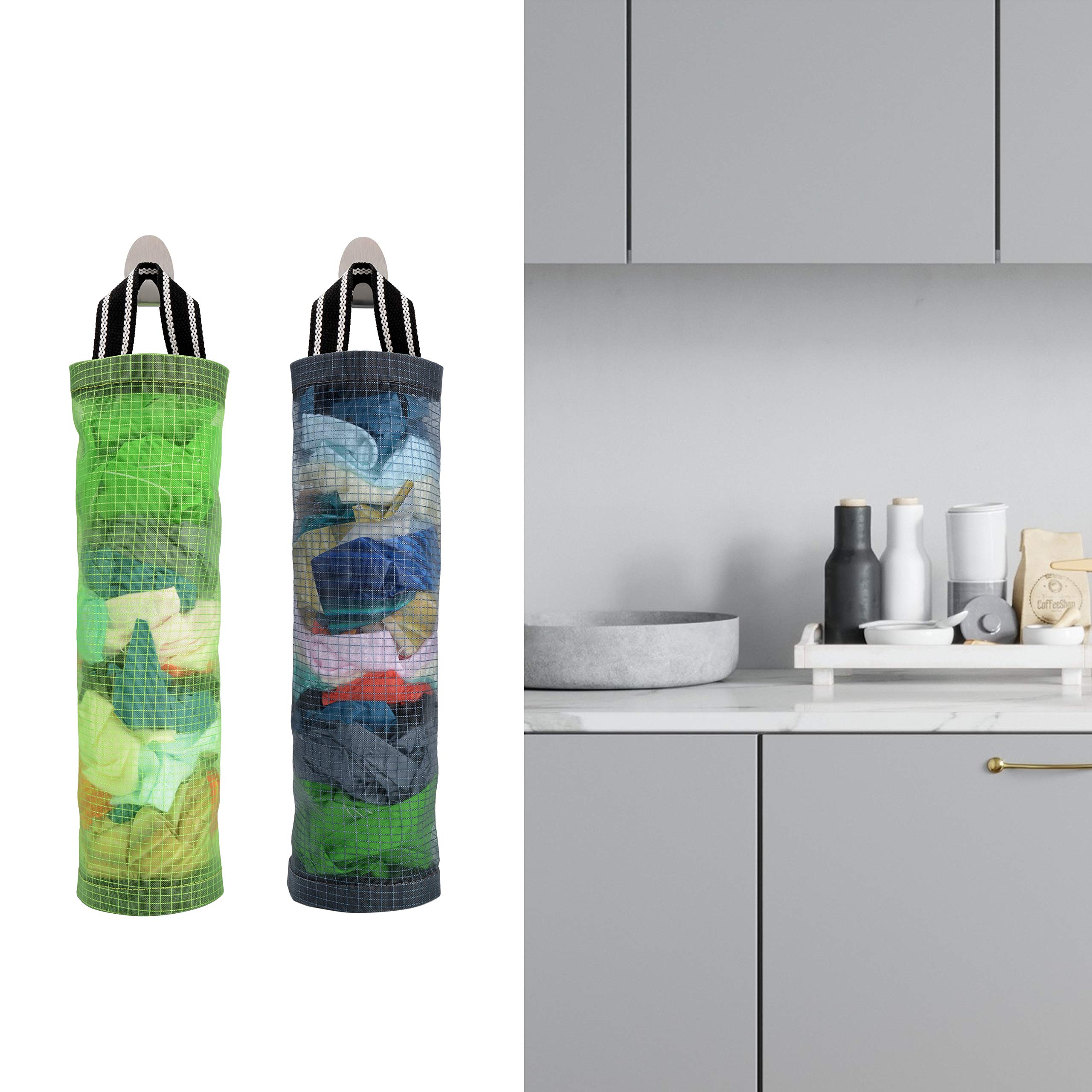 Plastic Bag Holder Sulimy Dispensers Folding Mesh Garbage Bags 2pcs Hanging Storage Bag Trash bags Holder Organizer Recycling Grocery Pocket Containers with 2 Hooks for Home and Kitchen Grey & Green