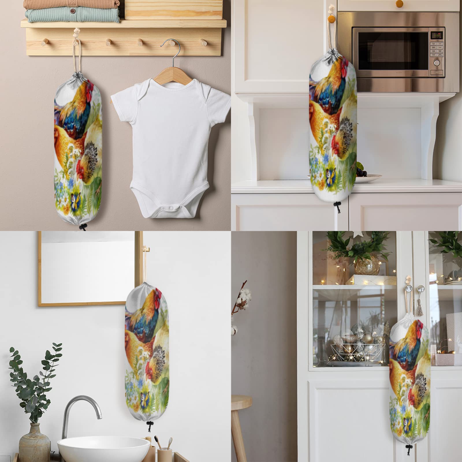 Rooster Plastic Bag Holder, Chicken Rooster Pattern Wall Mount Plastic Bag Organizer with Drawstring Grocery Shopping Bags Storage Dispenser for Home Kitchen Farmhouse Decor, 22X9 Inch