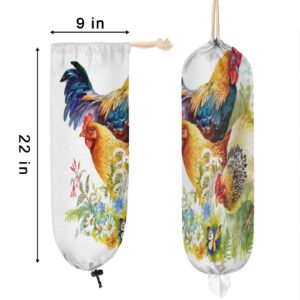 Rooster Plastic Bag Holder, Chicken Rooster Pattern Wall Mount Plastic Bag Organizer with Drawstring Grocery Shopping Bags Storage Dispenser for Home Kitchen Farmhouse Decor, 22X9 Inch