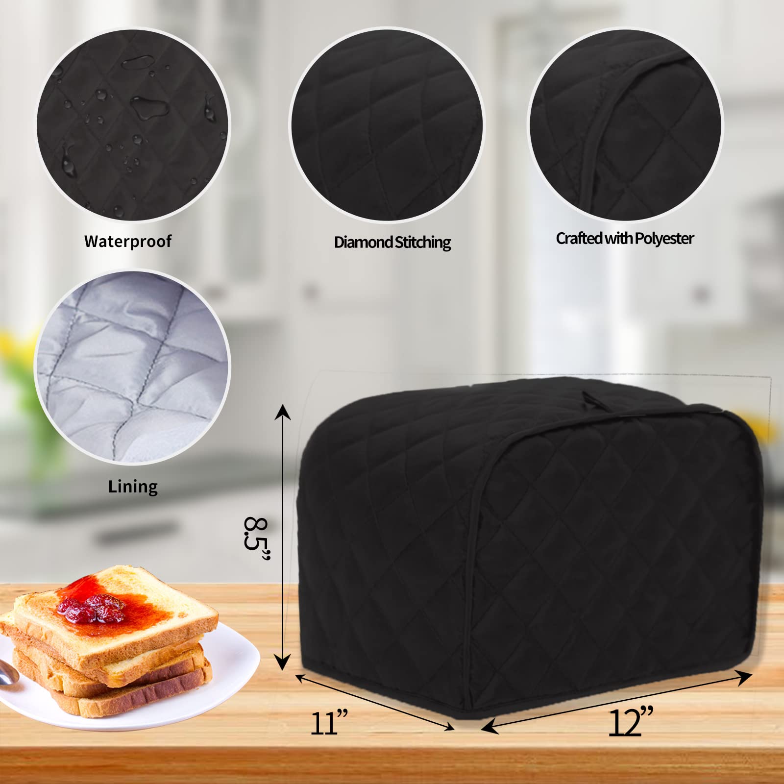 KINMAD Polyester Fabric Quilted Four Slice Bread Toaster Cover Bakeware Protector, Dust and Fingerprint Protection- Best Gift for Mother, Black