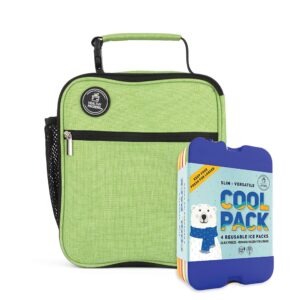 healthy packers colored slim long lasting ice packs and insulated lunch bag (green)