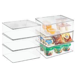 mdesign plastic kitchen pantry and fridge storage organizer box containers with hinged lid for shelves or cabinets, holds food, snacks, seasoning, condiments, utensils, ligne collection, 6 pack, clear