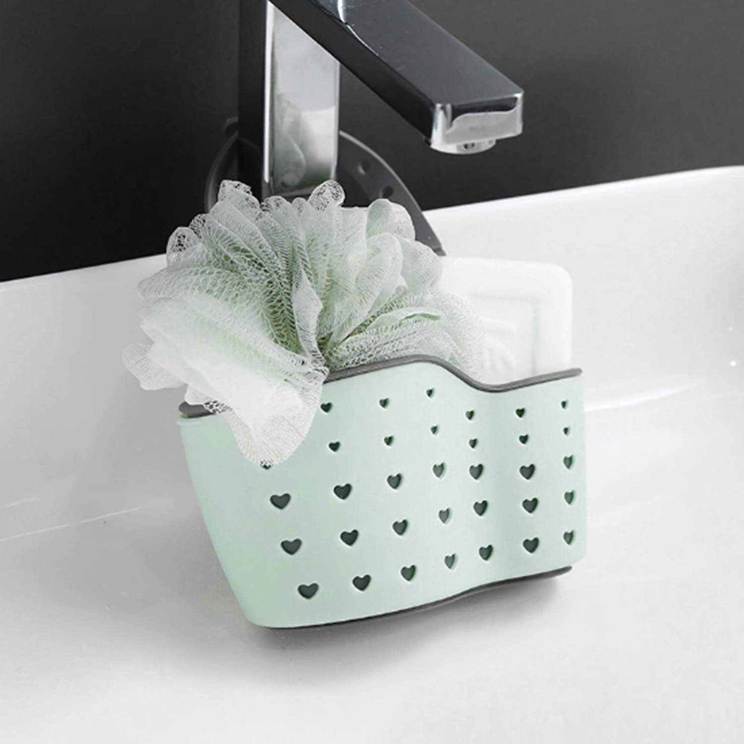 Ellsang Kitchen Sink Caddy Sponge Brush Holder, Silicone Plastic Soap Hanging Holder with Adjustable Strap and Drain Holes, Kitchen Accessories Organizer (Green)