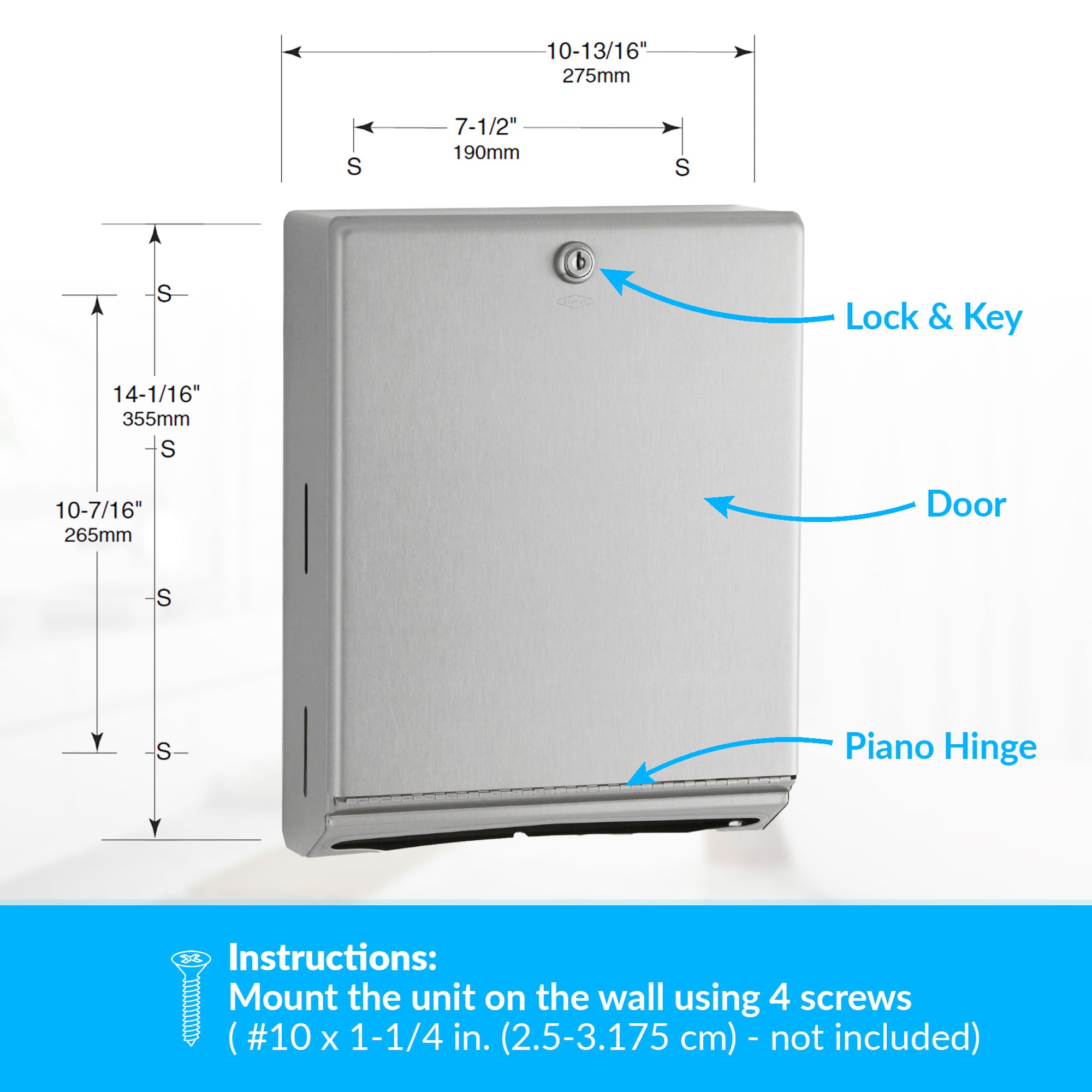 Bobrick B-262 Surface Mounted Paper Towel Dispenser - Stainless Steel Commercial Bathroom Towel Dispenser with Tumbler Lock 400 C-Fold or 525 Multifold Capacity