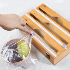 Foil and Wrap dispenser organizer, 3 in 1 Plastic Wrap Dispenser with Cutter and Labels, Plastic Wrap, Aluminum Foil and Wax Bamboo Dispenser for Kitchen Storage Organization Holder for 12 Roll