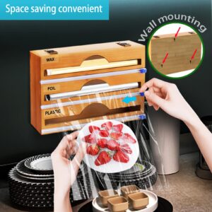 Foil and Wrap dispenser organizer, 3 in 1 Plastic Wrap Dispenser with Cutter and Labels, Plastic Wrap, Aluminum Foil and Wax Bamboo Dispenser for Kitchen Storage Organization Holder for 12 Roll