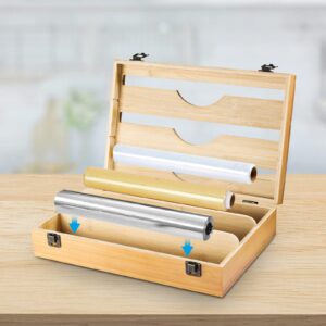 Foil and Wrap dispenser organizer, 3 in 1 Plastic Wrap Dispenser with Cutter and Labels, Plastic Wrap, Aluminum Foil and Wax Bamboo Dispenser for Kitchen Storage Organization Holder for 12 Roll