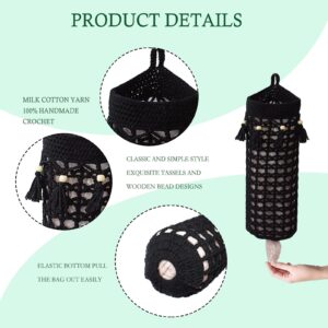 Mingtex Crochet Grocery Bag Holder - Plastic Bag Dispenser with Wooden Beads and Tassels, Boho Trash Bag Storage for Home Kitchen, Macrame Bag Server Organizer Black