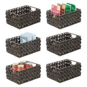 mdesign seagrass woven rectangular storage basket bin with handles, rectangle weave seagrass storage baskets for shelves, cubbies, home, hold hand towels, food, snacks, appliances, 6 pack, black wash