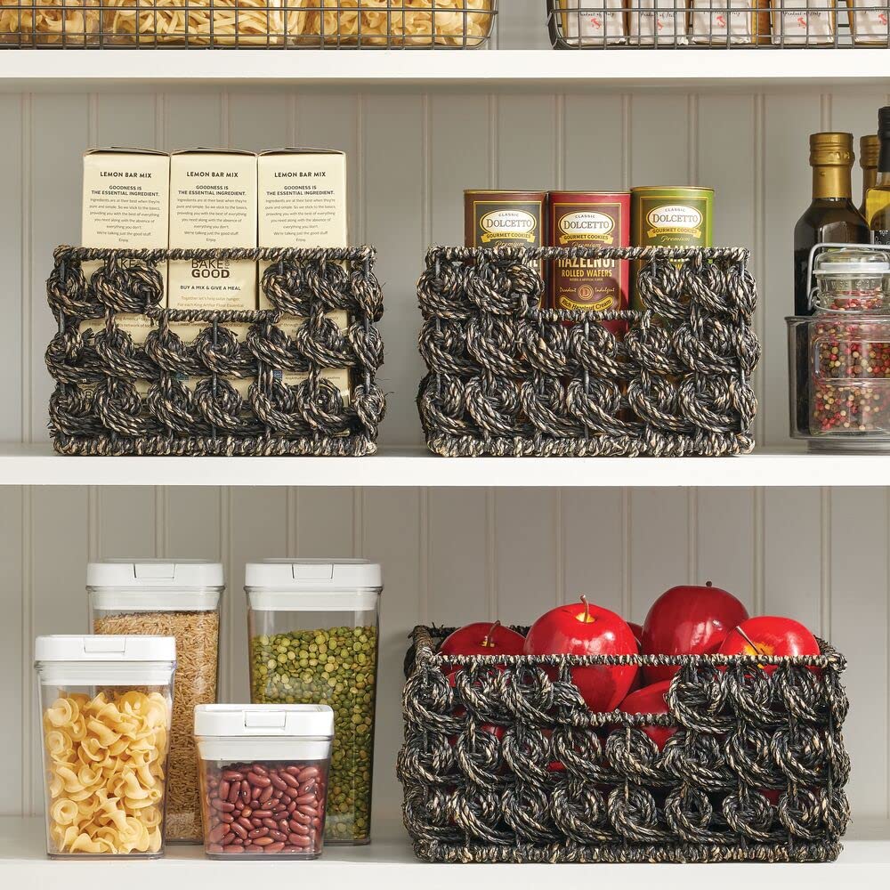 mDesign Seagrass Woven Rectangular Storage Basket Bin with Handles, Rectangle Weave Seagrass Storage Baskets for Shelves, Cubbies, Home, Hold Hand Towels, Food, Snacks, Appliances, 6 Pack, Black Wash