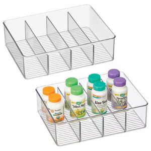 mdesign plastic bathroom storage organizer bin box - 4 divided sections - for cabinets, shelves, countertops, bedroom, kitchen, laundry room - ligne collection - 2 pack - clear