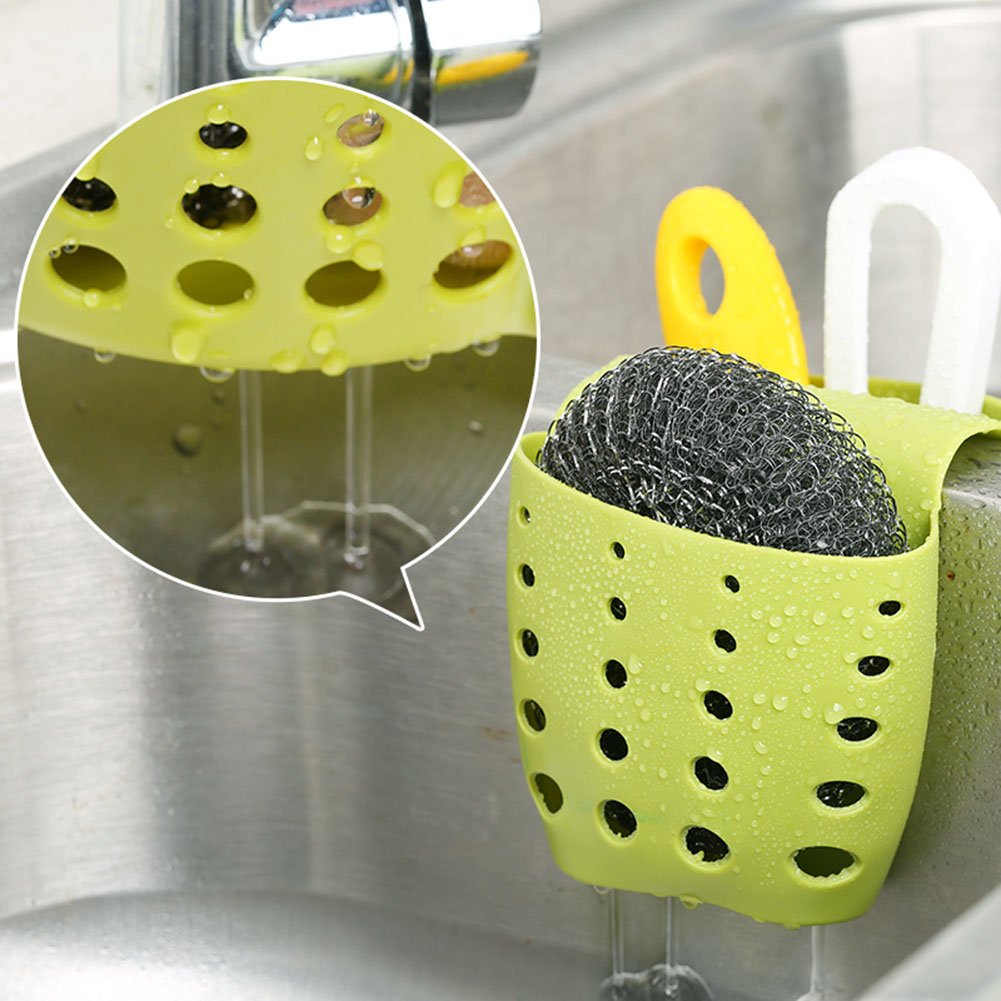 Tlovudori Silicone Sponge Holder Kitchen Bath Sink Double Side Hanging Storage Basket (LB41-Green)