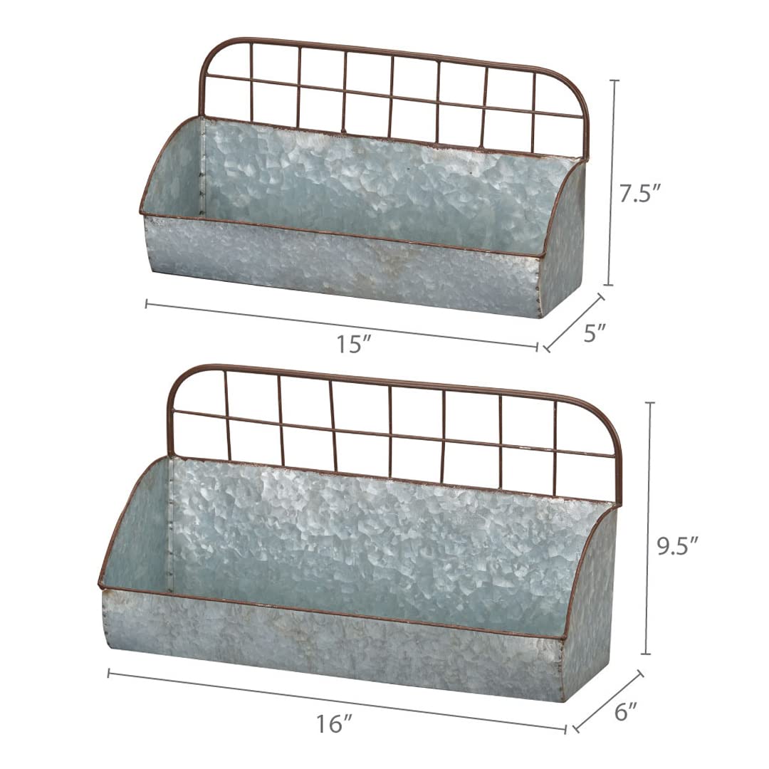 Barnyard Designs Galvanized Metal Rustic Farmhouse Wall Hanging Storage Caddy Holder Organizers, Tin Wall Shelves, Large: 16.5” x 6” x 9.5”, Small: 15.25” x 5” x 8”, Set of 2