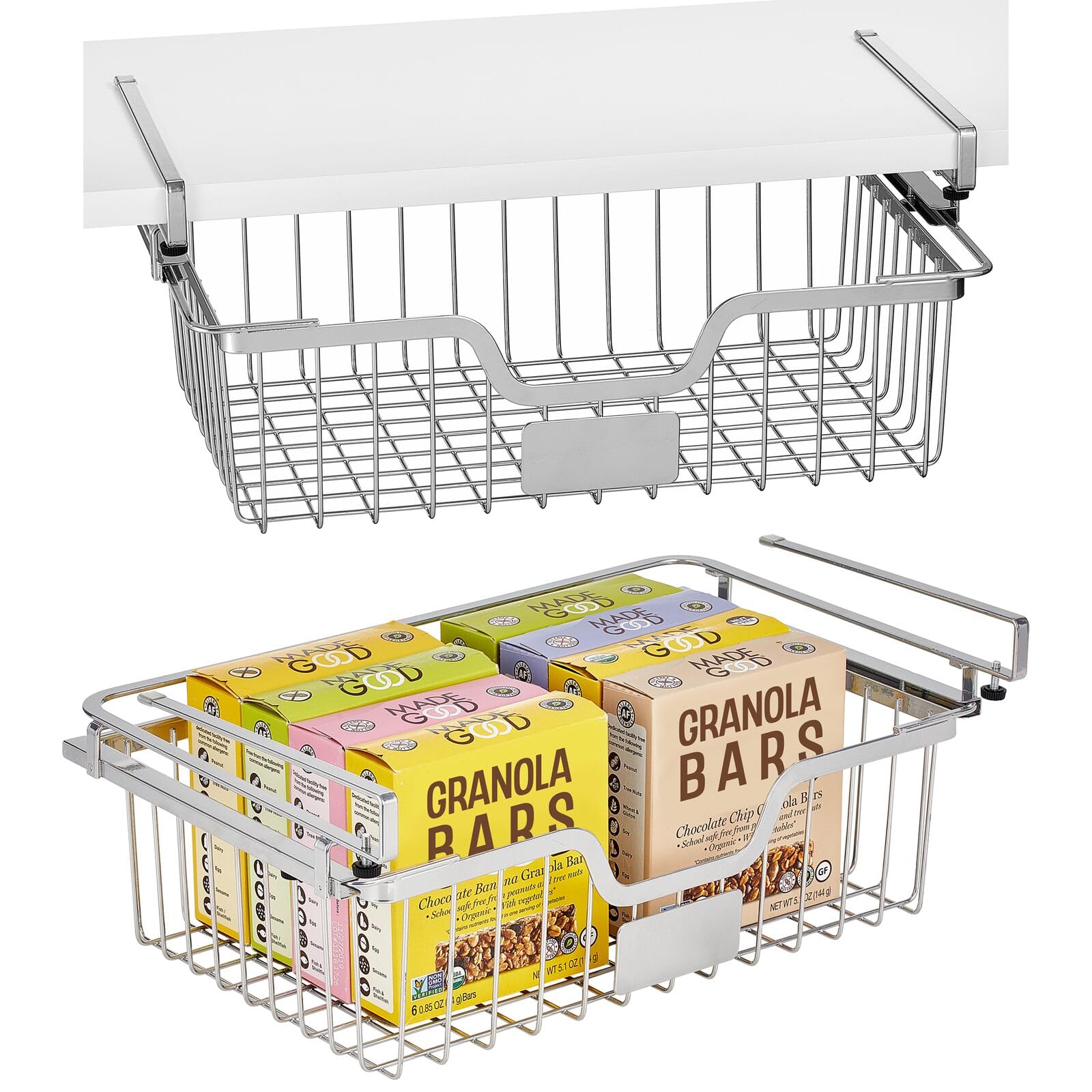 mDesign Wire Under Shelf Organizer for Cabinet - Sliding Basket for Under Cabinet Shelf - Hanging Storage Organizer Rack for Kitchen and Pantry with Label Space - Carson Collection - 2 Pack - Chrome