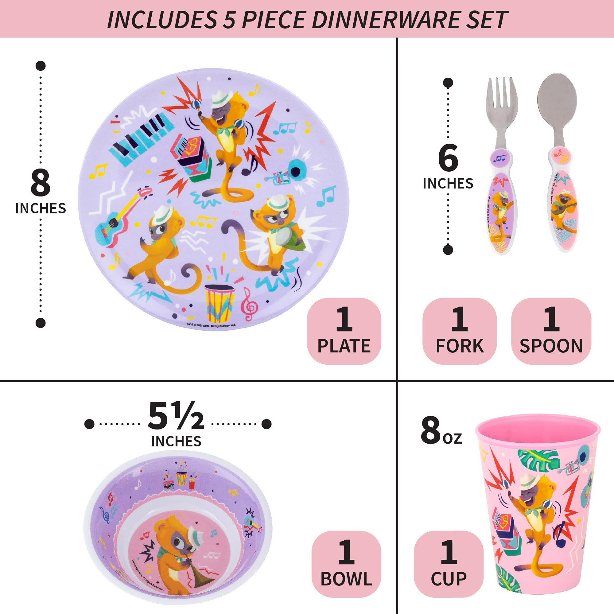 Franco Kids Dinnerware Cartoon Designed Mealtime Kitchen Set, 5 Piece Pack, Sony Vivo