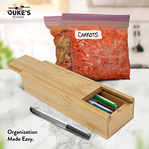 Duke's Bamboo Ziplock Bag Organizer - Food Plastic Ziploc Bag Organizer for Drawer or Wall - Compartments for Snack, Sandwich, Quart, Gallon Bags - Secure Shutter Locks - Includes Wooden Pen Box