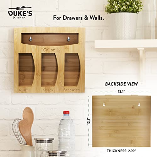 Duke's Bamboo Ziplock Bag Organizer - Food Plastic Ziploc Bag Organizer for Drawer or Wall - Compartments for Snack, Sandwich, Quart, Gallon Bags - Secure Shutter Locks - Includes Wooden Pen Box