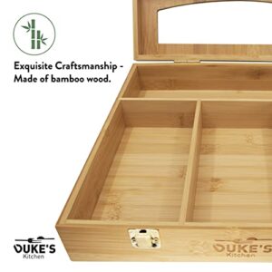 Duke's Bamboo Ziplock Bag Organizer - Food Plastic Ziploc Bag Organizer for Drawer or Wall - Compartments for Snack, Sandwich, Quart, Gallon Bags - Secure Shutter Locks - Includes Wooden Pen Box