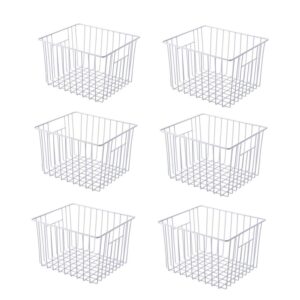 slideep 11'' farmhouse freezer food storage organizer baskets modern refrigerator metal wire basket bin with built-in handles for kitchen, pantry, bathroom, cabinets, white -set of 6