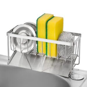 kitchen sink caddy organizer, 304 stainless steel sponge holder,holds sponges, dish soap dispensers, cleaning towels, scrubbers,etc,with auto drain tray, silver