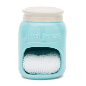 Fox Run Ceramic Mason Jar Holder with Sponge, 3.5 x 3.5 x 5 inches, Blue