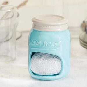 Fox Run Ceramic Mason Jar Holder with Sponge, 3.5 x 3.5 x 5 inches, Blue