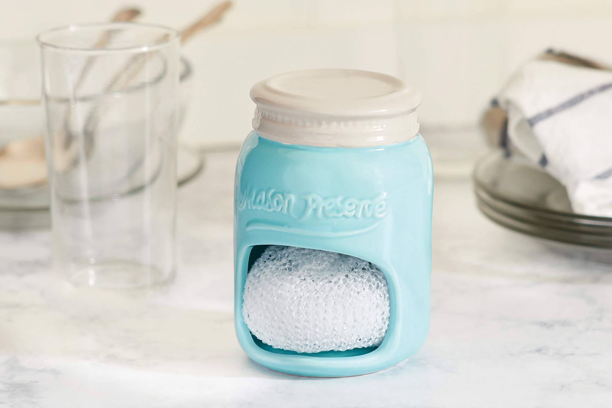 Fox Run Ceramic Mason Jar Holder with Sponge, 3.5 x 3.5 x 5 inches, Blue