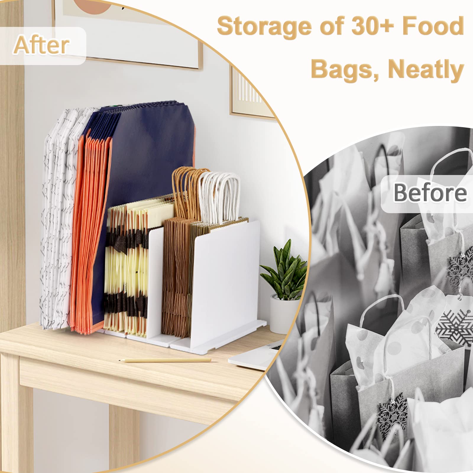 Creproly Grocery Bag Holder Plastic Bag Holder for Plastic Bags Shopping Trash Bag Holder Dispenser Adjustable Plastic Shelf Dividers for 30+ Tote, Lunch Bags for Closets, Bedrooms (2 Sections, White)