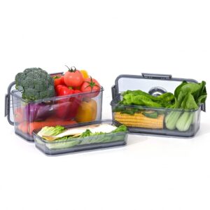 refrigerator organizer bins set,stackable produce saver organizer bin storage containers with removable drain tray for fridge, cabinets, countertops and pantry (gray)