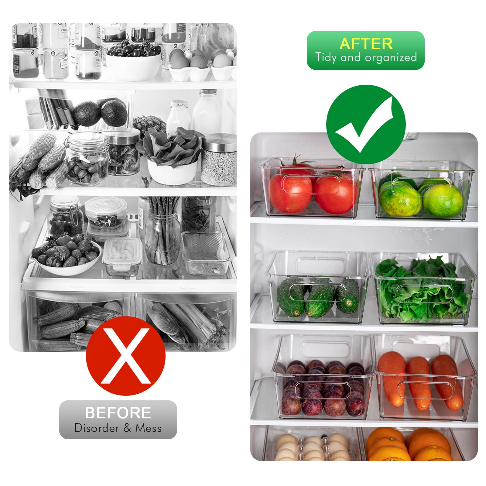 6 pack Refrigerator Organizer Bins sets, Fridge Organizer Bins with Handles for Bathroom, Kitchen Cabinet, Home Organization, Food Grade BPA-free Safety for Storage -Clear Plastic Pantry Storage Rack