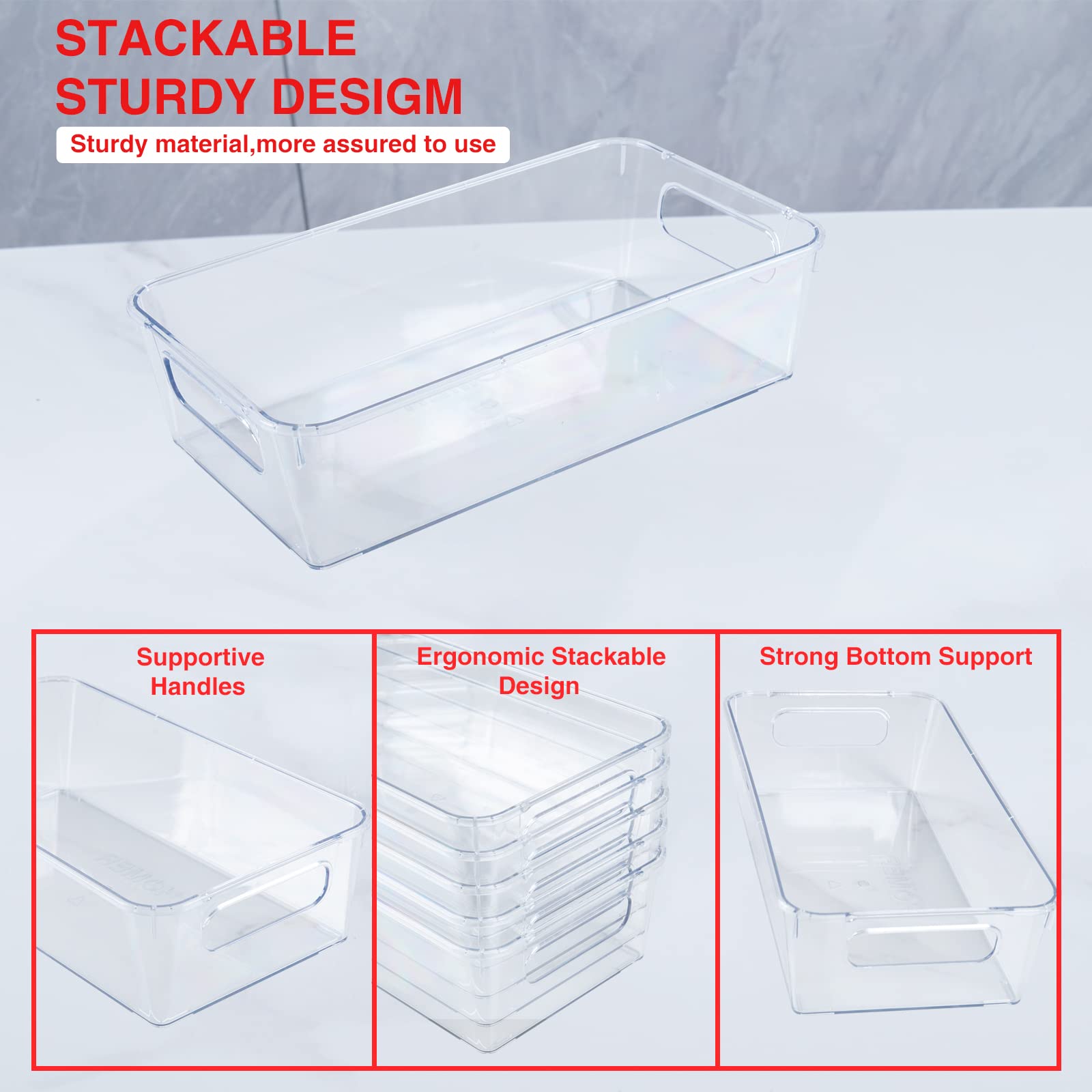 6 pack Refrigerator Organizer Bins sets, Fridge Organizer Bins with Handles for Bathroom, Kitchen Cabinet, Home Organization, Food Grade BPA-free Safety for Storage -Clear Plastic Pantry Storage Rack