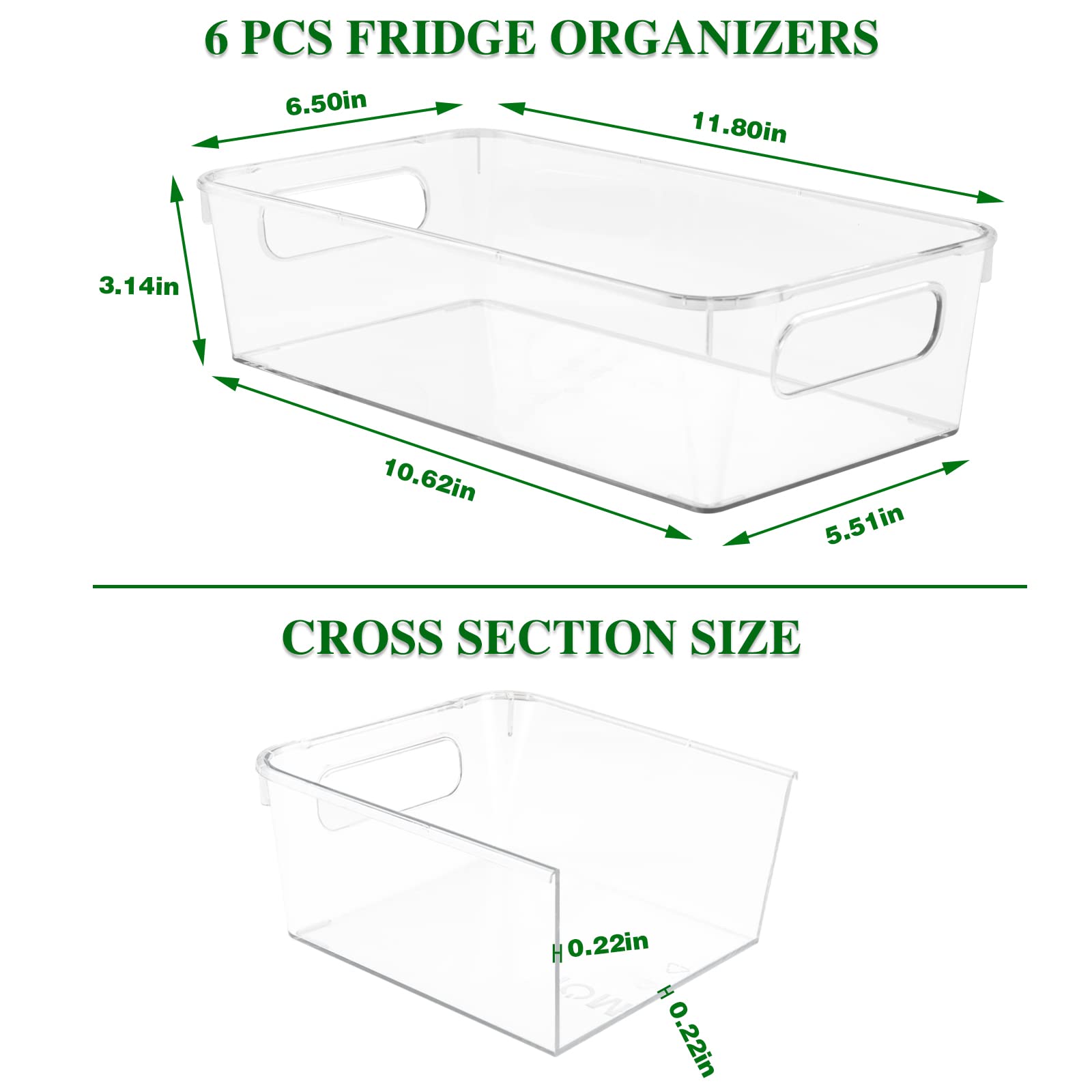 6 pack Refrigerator Organizer Bins sets, Fridge Organizer Bins with Handles for Bathroom, Kitchen Cabinet, Home Organization, Food Grade BPA-free Safety for Storage -Clear Plastic Pantry Storage Rack