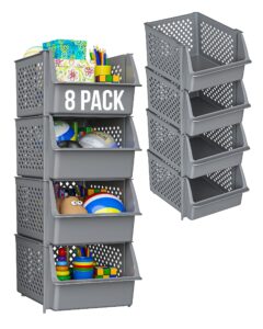skywin stackable storage bins for pantry - 8 pack stackable bins for organizing food, kitchen, and bathroom essentials (grey)
