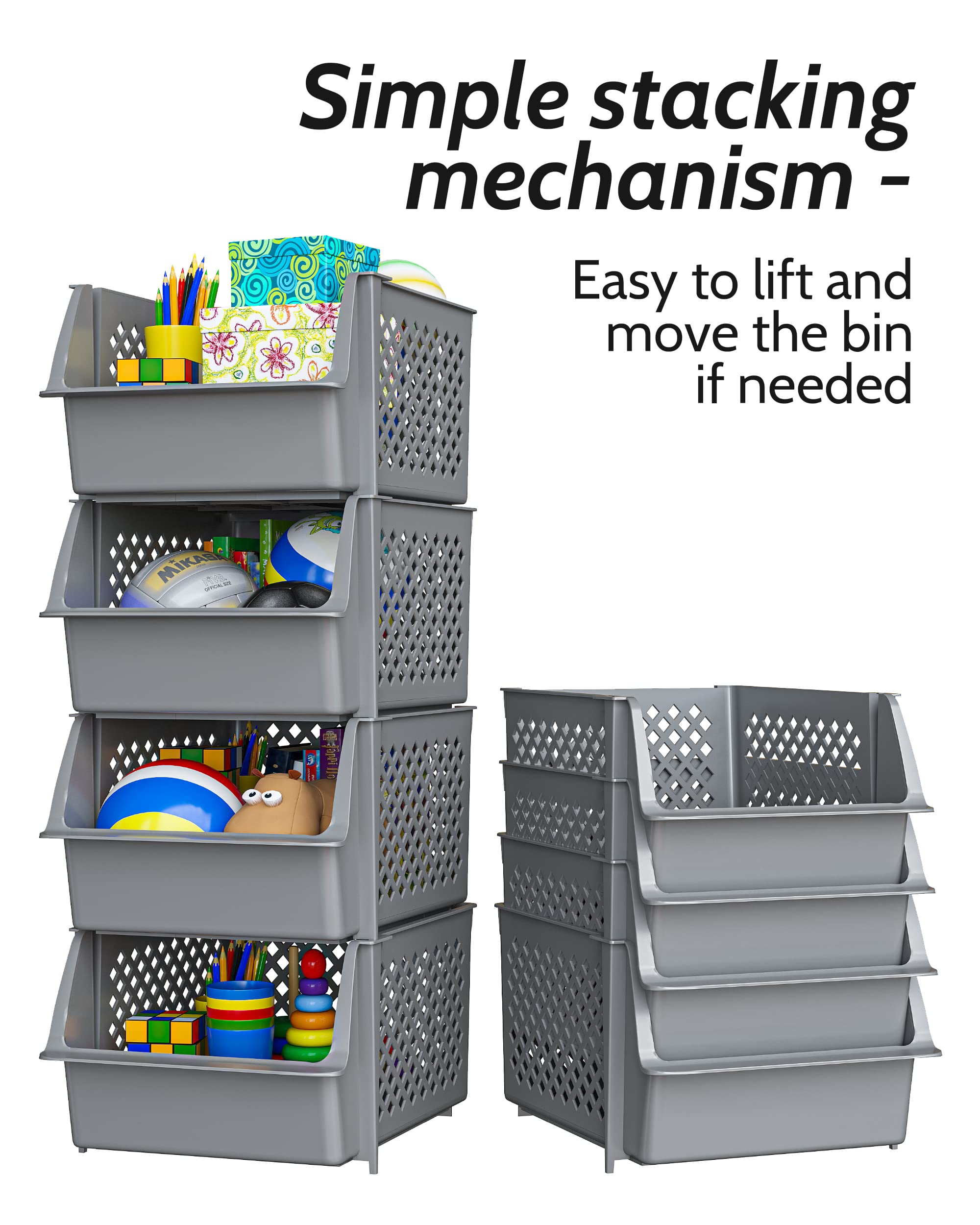 Skywin Stackable Storage Bins for Pantry - 8 Pack Stackable Bins For Organizing Food, Kitchen, and Bathroom Essentials (Grey)