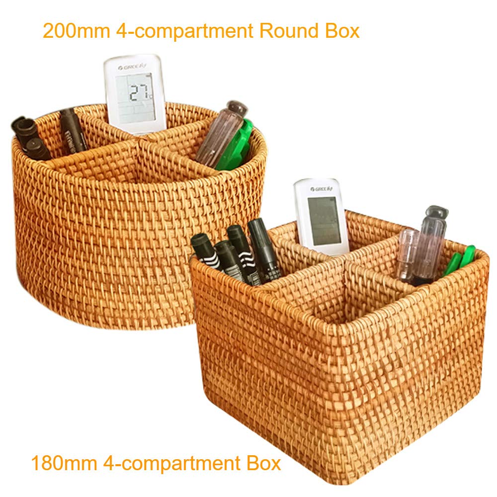 i-lan Natural Rattan 4 Compartments Cooking Utensil Silverware Organizer Holder Cosmetics Storage Box Cutlery Caddy Flatware Serving Basket (180mm 4-Compartment Box)