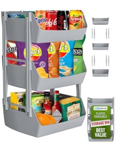 skywin 3-tier plastic stackable storage bins 11.4" x 11" x 19.7" with brackets for extra protection - for pantry storage, kitchen storage, and bathroom storage (grey)