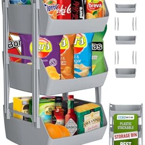 Skywin 3-Tier Plastic Stackable Storage Bins 11.4" x 11" x 19.7" with Brackets for Extra Protection - For Pantry Storage, Kitchen Storage, and Bathroom Storage (Grey)