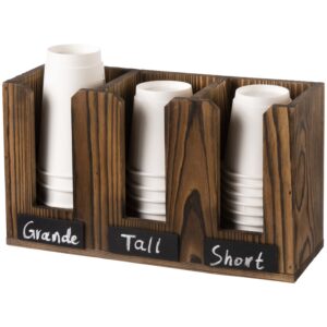 mygift 3 slot deluxe rustic burnt wood coffee to go cup server caddy with chalkboard labels - wall mounted/countertop café bar drink station organizer rack