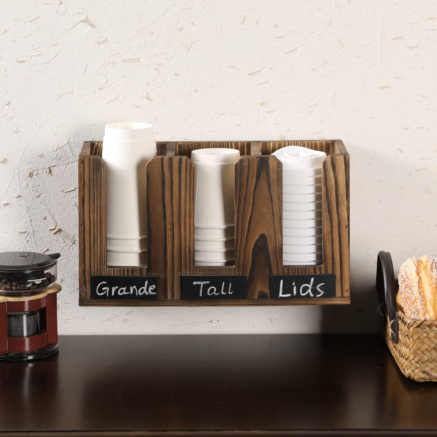 MyGift 3 Slot Deluxe Rustic Burnt Wood Coffee To Go Cup Server Caddy with Chalkboard Labels - Wall Mounted/Countertop Café Bar Drink Station Organizer Rack