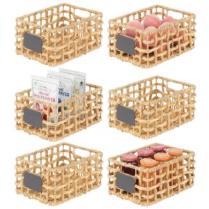 mdesign water hyacinth open weave household basket with built-in chalkboard label for storage in bedroom, bathroom, office - hold clothes, blankets, linens, accessories - 6 pack - natural/tan