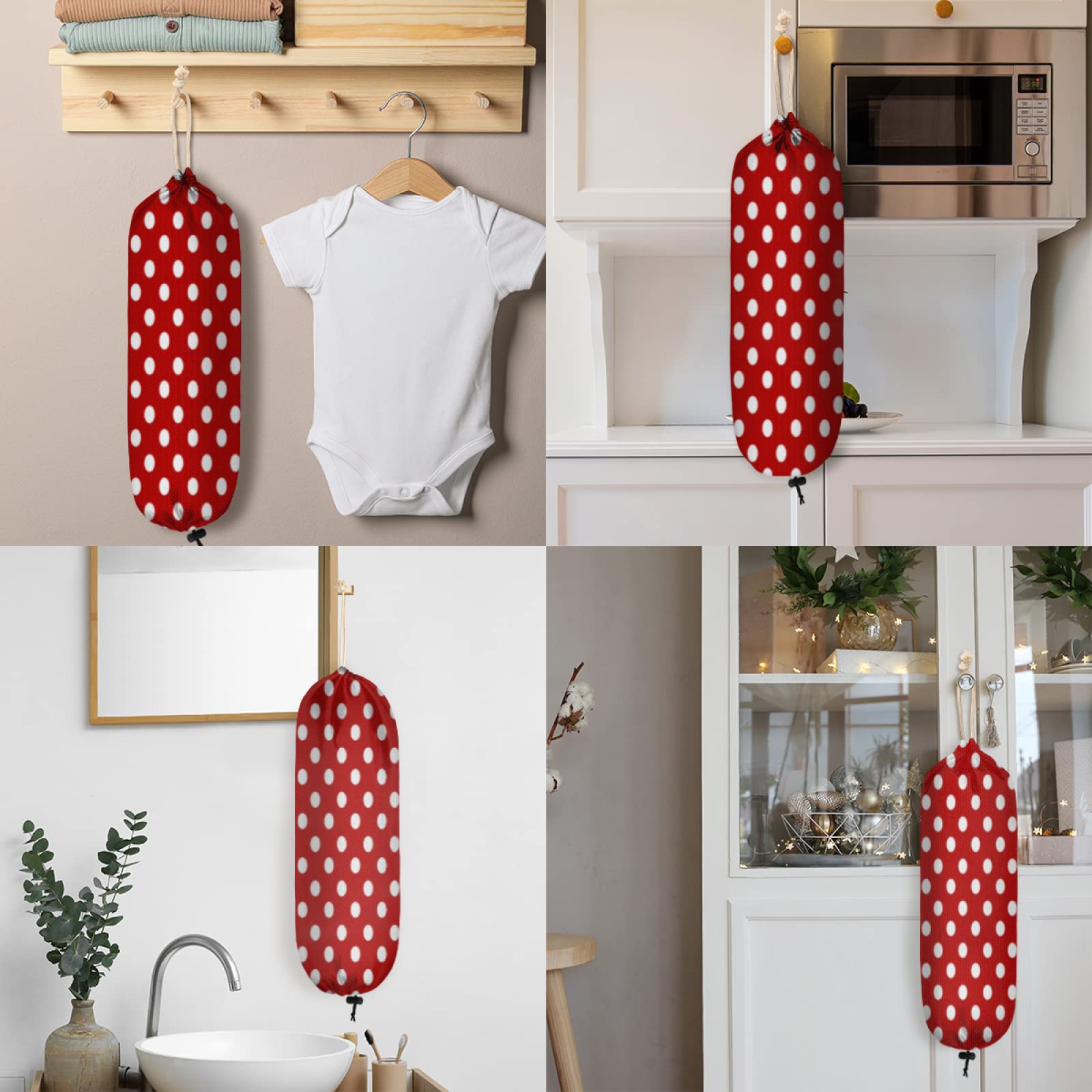 Polka Dot Red Plastic Bag Holder, Polka Dot Pattern Wall Mount Plastic Bag Organizer with Drawstring Grocery Shopping Bags Storage Dispenser for Home Kitchen Farmhouse Decor, 22X9 Inch