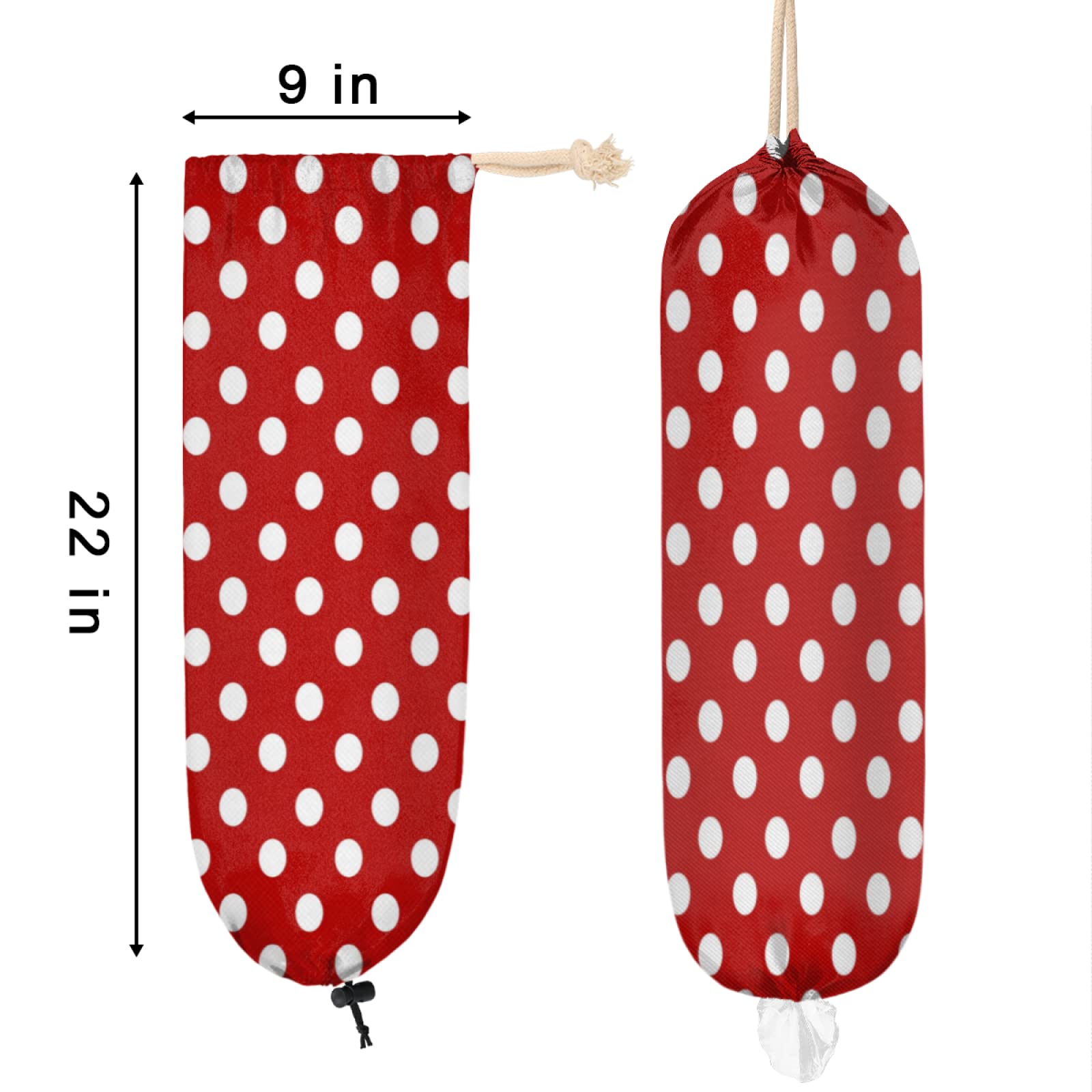 Polka Dot Red Plastic Bag Holder, Polka Dot Pattern Wall Mount Plastic Bag Organizer with Drawstring Grocery Shopping Bags Storage Dispenser for Home Kitchen Farmhouse Decor, 22X9 Inch