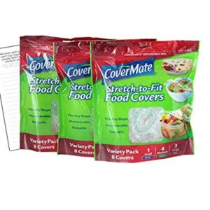 Covermate Stretch-to-fit Food Covers 3pk plus Convenient Magnetic Shopping List by Harper & Ivy Designs, Reusable, Dishwasher Safe, Microwavable, BPA/PVC Free, Great for Leftovers, Heavy Duty, 3 Sizes