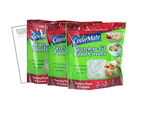 Covermate Stretch-to-fit Food Covers 3pk plus Convenient Magnetic Shopping List by Harper & Ivy Designs, Reusable, Dishwasher Safe, Microwavable, BPA/PVC Free, Great for Leftovers, Heavy Duty, 3 Sizes