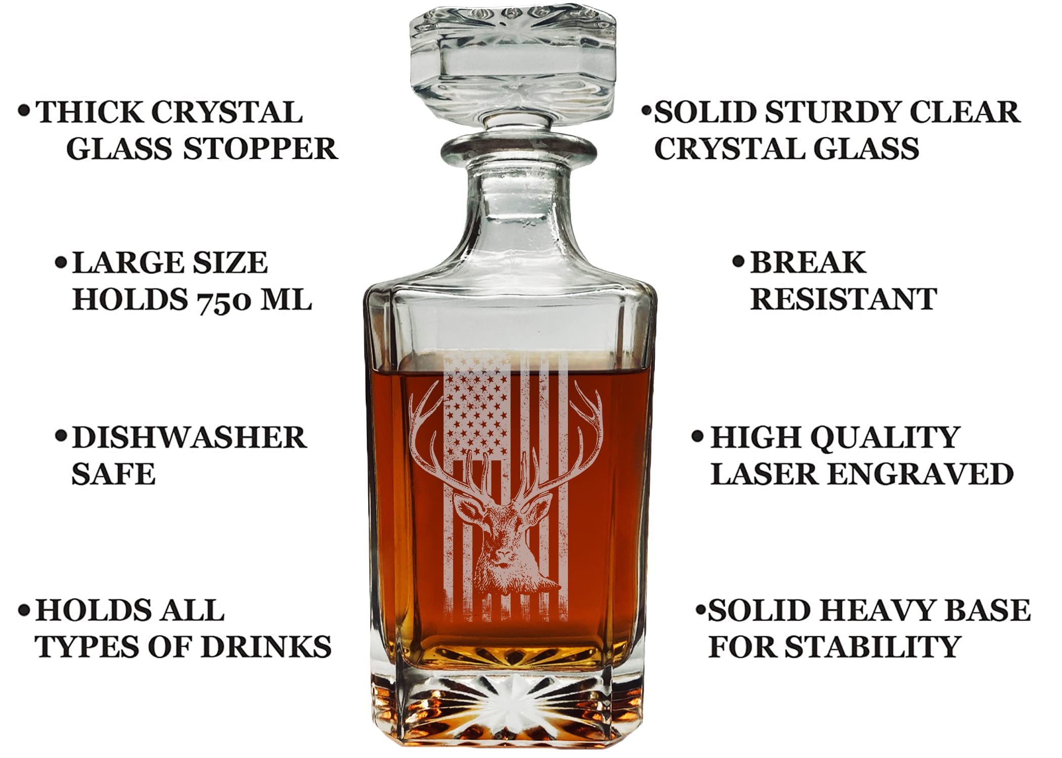 USA Flag Buck Hunting Whiskey Decanter With Glass Stopper Custom Gift For Men Dad Veteran Father's Day Deer Hunter