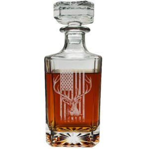 USA Flag Buck Hunting Whiskey Decanter With Glass Stopper Custom Gift For Men Dad Veteran Father's Day Deer Hunter