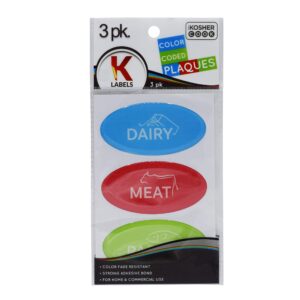 3 kosher plaques and labels – 1 blue dairy, 1 red meat, 1 green parve - self adhesive, color fade resistant – color coded kitchen stickers by the kosher cook