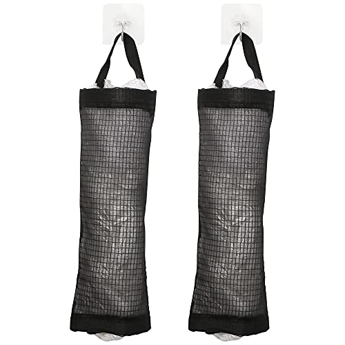 QIANRENON Kitchen Grocery Plastic Bag Holder and Dispenser, Waterproof Washable Wall Mount Folding Mesh Storage Bag 2 Pack Black