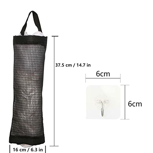 QIANRENON Kitchen Grocery Plastic Bag Holder and Dispenser, Waterproof Washable Wall Mount Folding Mesh Storage Bag 2 Pack Black