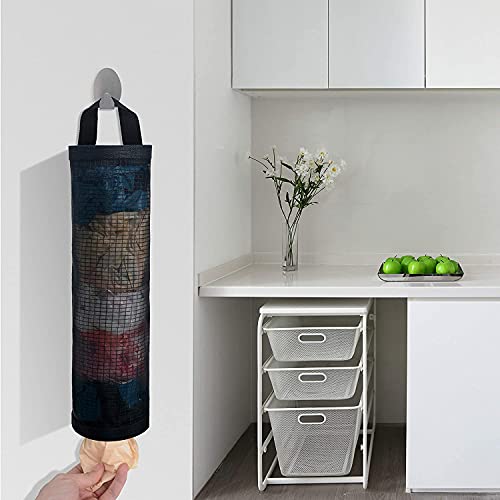 QIANRENON Kitchen Grocery Plastic Bag Holder and Dispenser, Waterproof Washable Wall Mount Folding Mesh Storage Bag 2 Pack Black